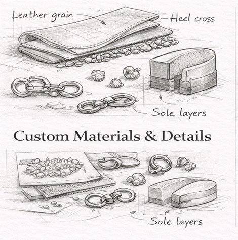 Custom shoe materials including premium leathers, decorative hardware, sole layers, heel components, and artisanal detailing.