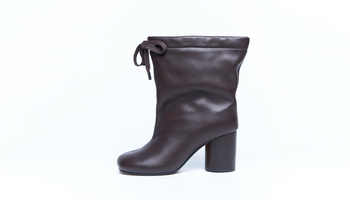 Brown leather ankle boots with block heel and gathered shaft detail, developed for designer brands OEM ODM production