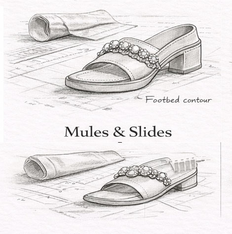 Designer mules and slides featuring sculpted footbed contours, elevated uppers, and decorative elements for fashion collections.
