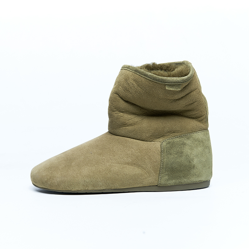 Olive green soft suede ankle boots with padded collar and relaxed silhouette for designer brands OEM ODM