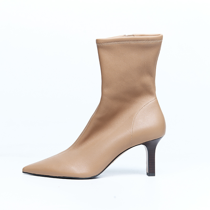 Beige pointed-toe ankle boots with slim heel and elegant silhouette for designer brand OEM ODM production