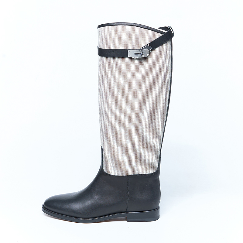 Two-tone tall boots with fabric and leather combination, refined silhouette for designer brands OEM ODM