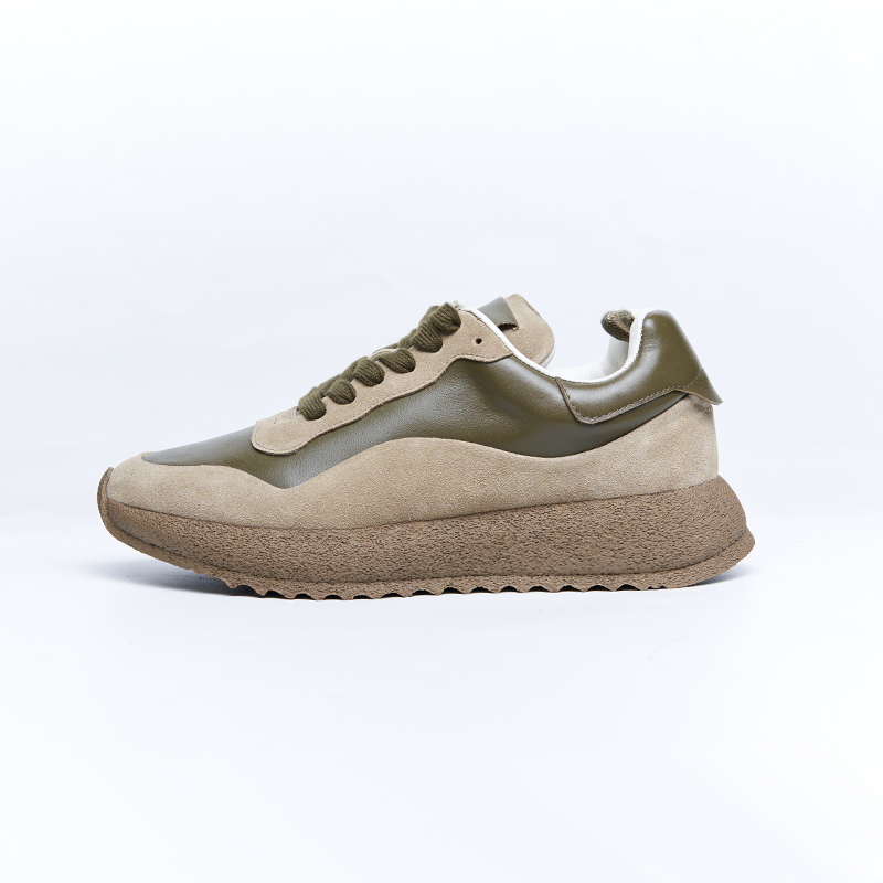 Beige low-profile sneakers with suede and fabric upper, flexible sole construction for designer brands OEM ODM