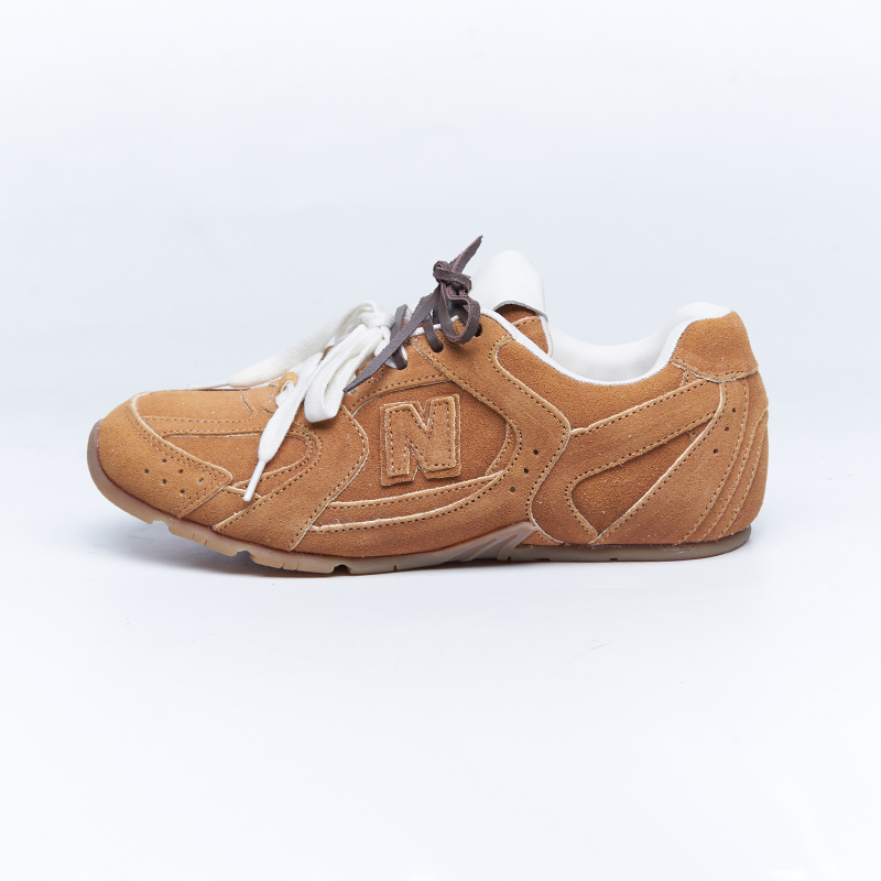 Brown retro sneakers with mixed material upper and vintage-inspired sole, designed for designer brand OEM ODM