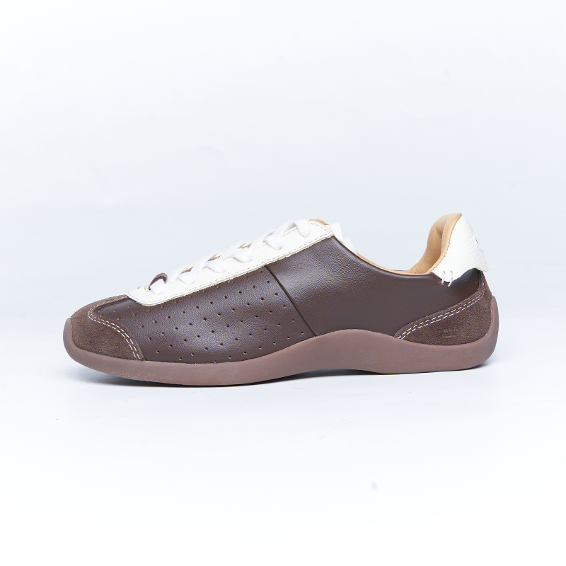 Brown low-top sneakers with perforated leather upper, casual style for designer brand OEM ODM production