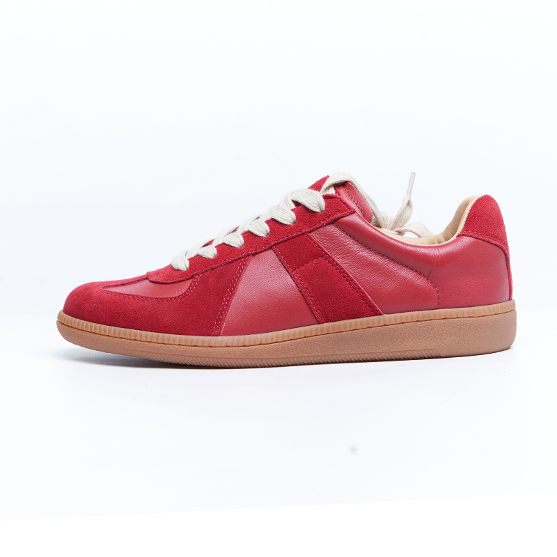 Red minimalist low-top sneakers with smooth leather upper, developed for designer brand OEM ODM