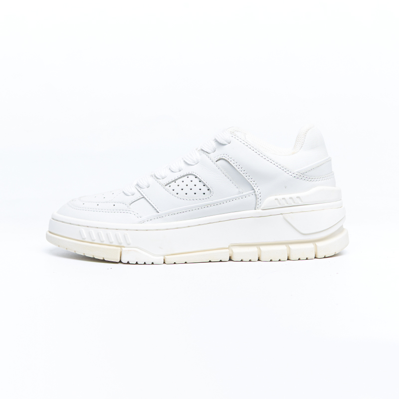 White low-top sneakers with structured leather upper and comfort sole, developed for designer brands OEM ODM