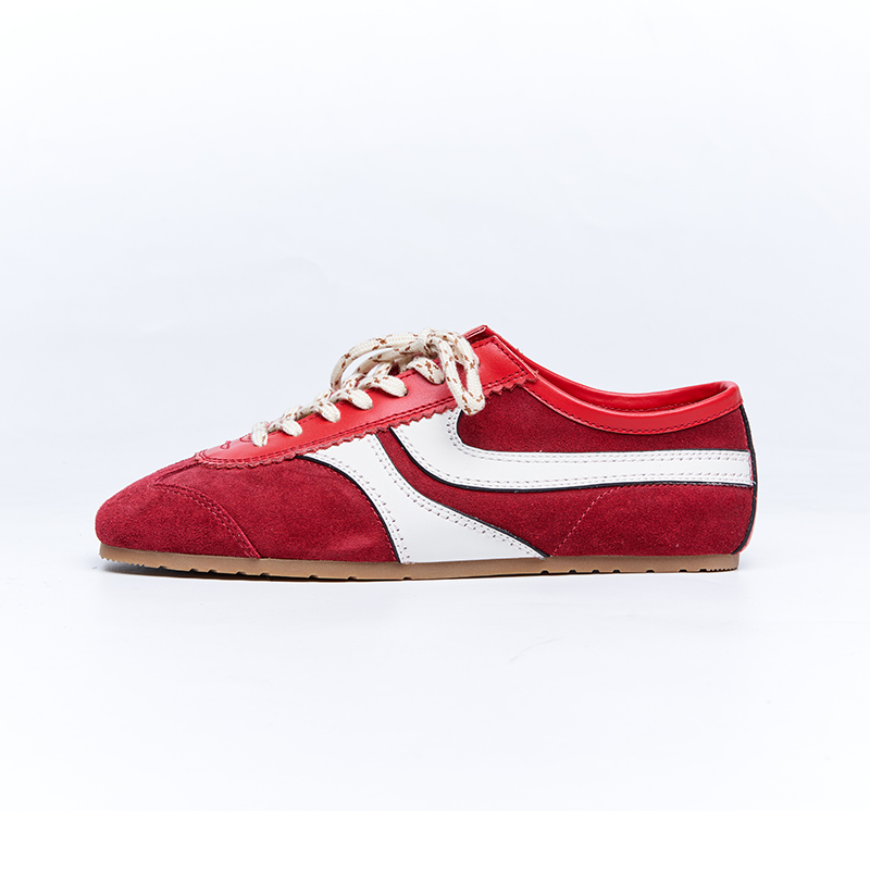Red retro sneakers with contrast leather panels, classic low-top design for fashion brand OEM ODM